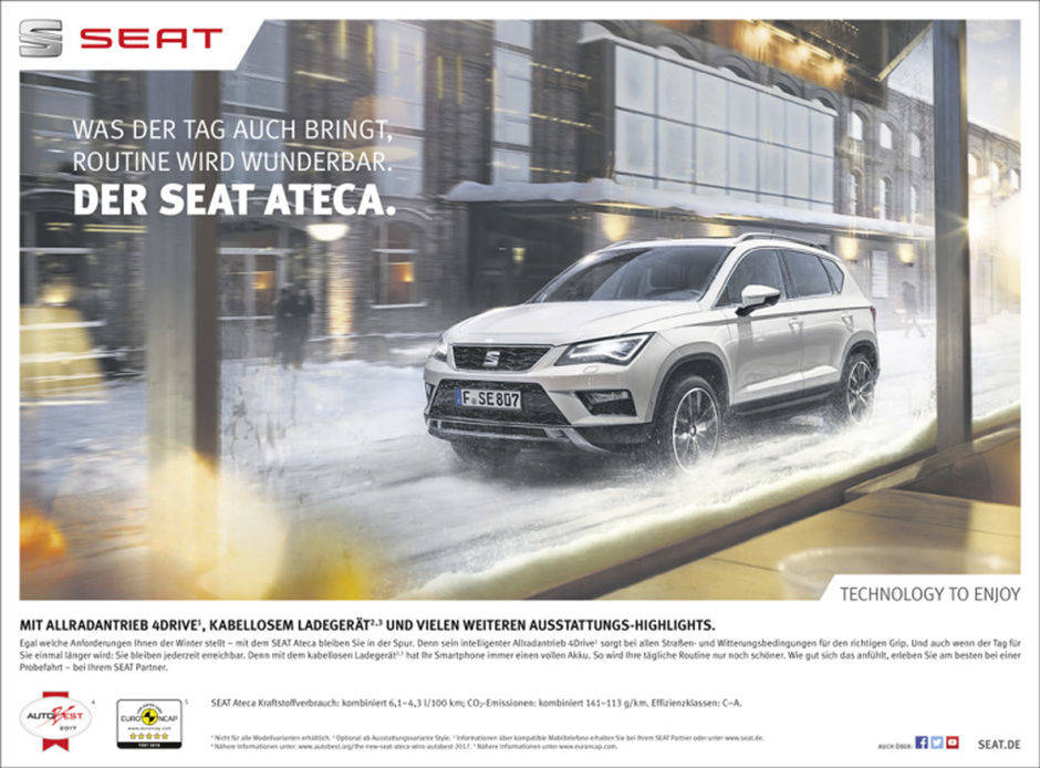 Anzeigenmotiv für den Seat Ateca, das gemeinsam mit dem Post-it auf der Titelseite in Tageszeitungen lief.