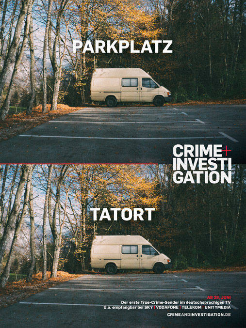 Bild-Wort-Paar für Crime + Investigation: Parkplatz und Tatort.