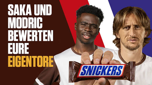 Bukayo Saka (l.) und Luka Modrić sind die Stars der Snickers-Eigentor-Kampagne.