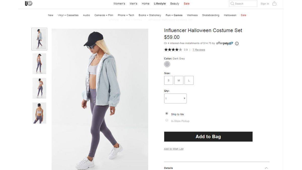 Urban Outfitters verkauft das Influencer-Kostüm für 59 Dollar. Dazu gehören aber nur BH und Leggings.