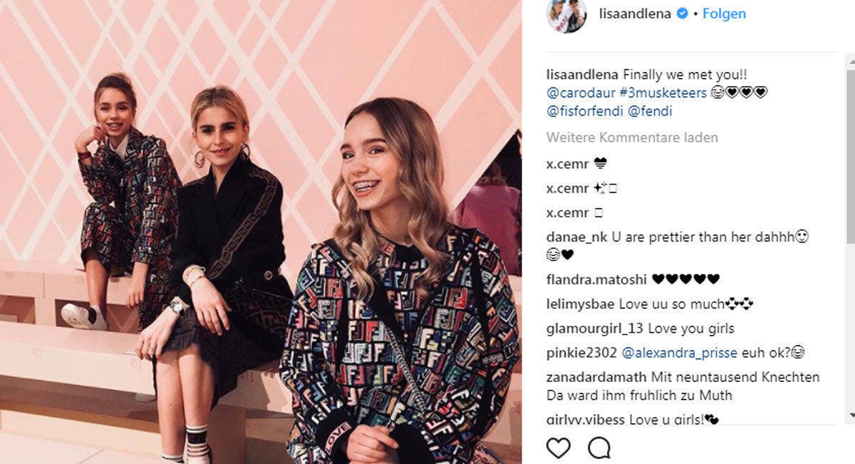 Lisa und Lena (@lisaandlena) gehören mit 12,5 Millionen Fans auf Instagram und fast 27 Millionen auf Musical.ly zu den erfolgreichsten Influencern in Deutschland. Gemeinsam mit Caro Daur (M.) waren die 15-jährigen Zwillinge im Einsatz für das Modelabel Fendi.