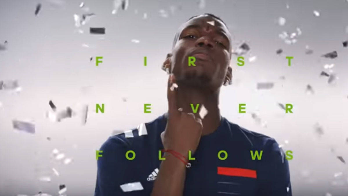Adidas-EM-Kampagne 2016: "First never follows" mit Paul Pogba, der mit der französischen Elf 2016 Vizemeister und 2018 Weltmeister wurde.